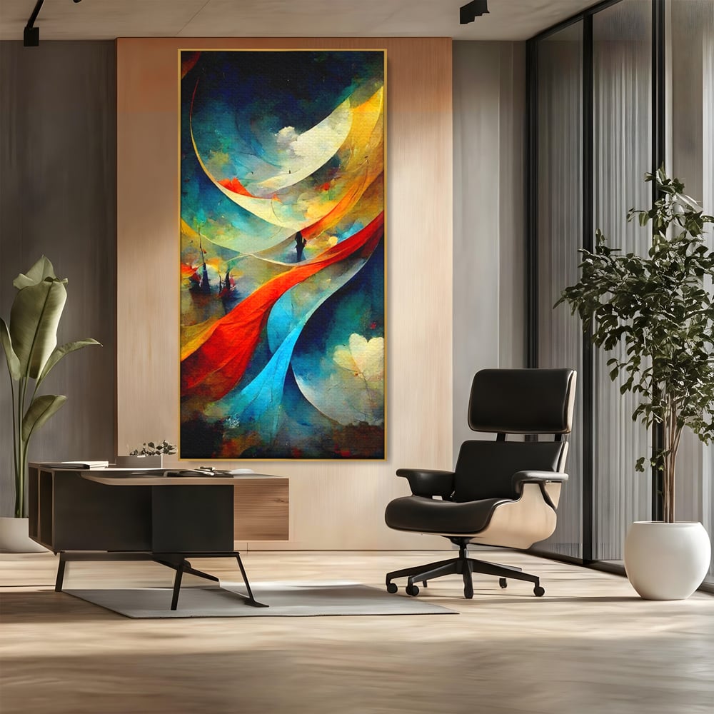 Tablou canvas cu pictura abstracta cu valuri colorate, in rama de aluminiu auriu, pe perete intr-un birou